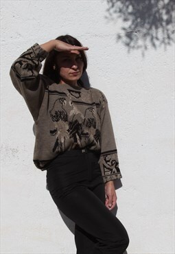 Taupe brown/beige/black parrot jacquard knitted sweater
