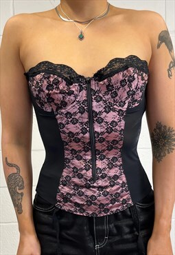 Vintage 90s Y2k Strapless Lace Overlay Corset Top