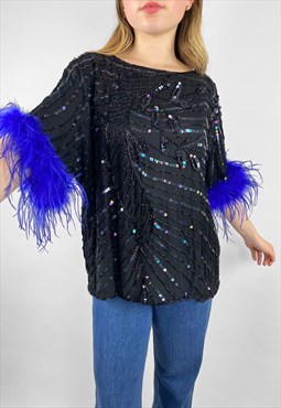 80'S Vintage Black Sequin Blue Feather Short Sleeve Top