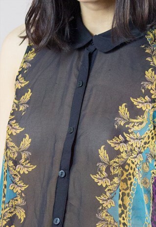 BLACK SHEER PRINTED POLYESTER SHIRT
