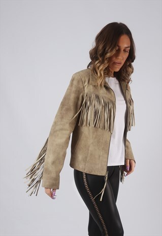 SUEDE LEATHER FRINGE TASSEL JACKET VINTAGE UK 14 (CWCR)