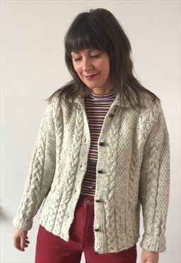 Vintage 70s Oatmeal Cream Cable Knit Cardigan