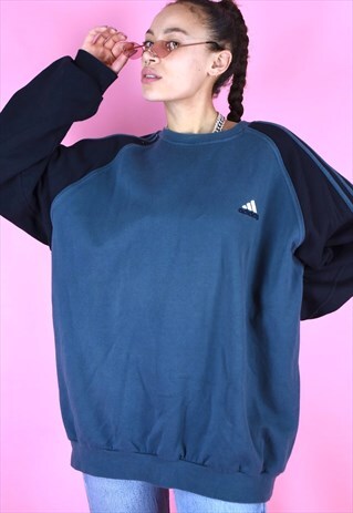 VINTAGE 90S ADIDAS JUMPER NAVY WITH BLACK SLEEVES WHITE LOGO