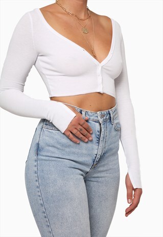 long sleeve button front crop top