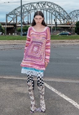 Vintage Y2K festival geometric crochet dress in pink tones