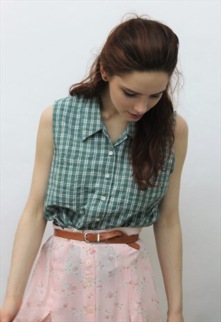 VINTAGE 1990S GREEN & WHITE CHECK SLEEVELESS SHIRT