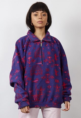 VINTAGE 80'S PURPLE/PINK PATTERN QUARTER-ZIP FLEECE