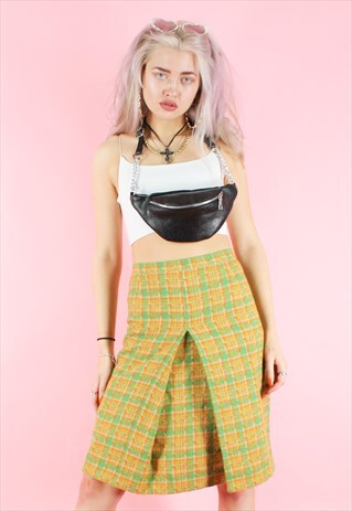 VINTAGE 90S Y2K LIME GREEN TARTAN CHECK PLEATED MIDI SKIRT