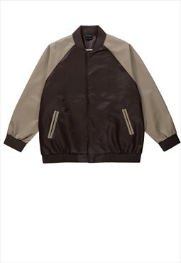 Faux leather jacket varsity bomber in brown cream