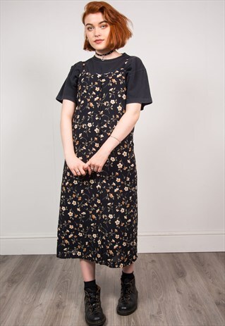 VINTAGE 90'S BLACK FLORAL PATTERN SLIP MIDI DRESS
