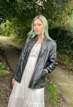 Vintage 90s Floral Embroidered Black Leather Jacket