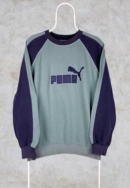 Vintage Puma Sweatshirt Spell Out Embroidered Green Blue M