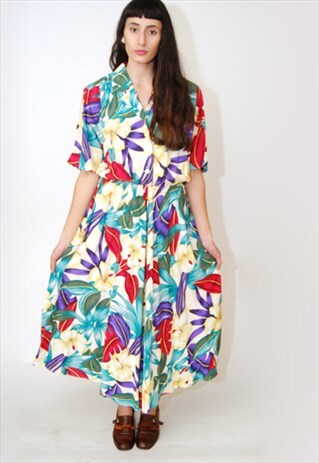 VINTAGE TROPICAL DRESS (16) FLORAL PRINT 80S 90S SHIRTDRESS