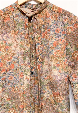 1970'S SHEER FLORAL PUSSY BOW SHIRT