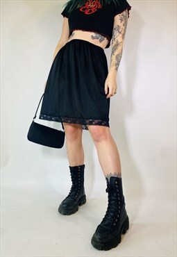 Vintage 90s 00s Y2K Satin Mini Black Lace Grunge Skirt