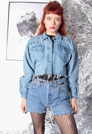 80S VINTAGE 90S GRUNGE CROP DENIM JACKET EMBROIDERED FLOWER