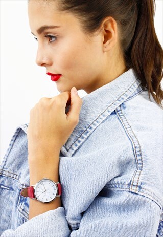 RED & SILVER MARBLE WHITE FACE WATCH