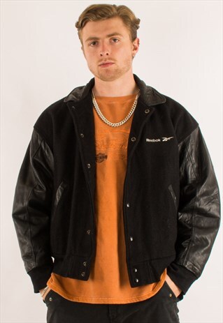 VINTAGE 90S BLACK REEBOK LEATHER VARSITY JACKET