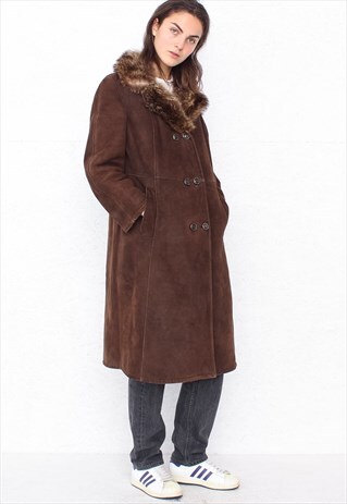 VINTAGE BROWN FAUX FUR SUEDE SHEARLING SHERPA COAT