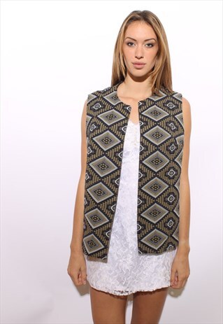 VINTAGE 1970'S 70'S PSYCHEDELIC DIAMOND KNIT GILET VEST M-L
