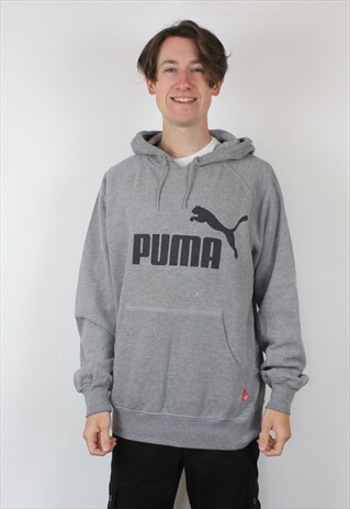 VINTAGE PUMA HOODIE IN GREY WITH PRINTED LOGO.