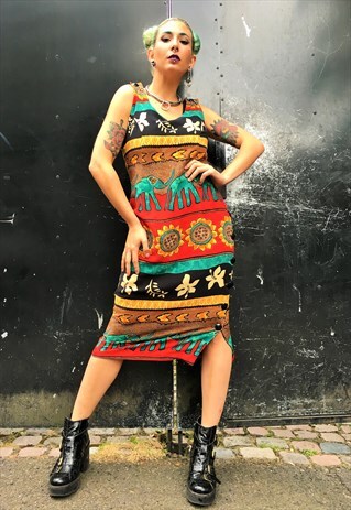 VINTAGE ELEPHANT PRINT MIDI DRESS