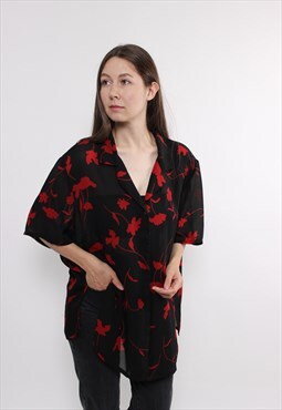 90s roses print blouse in black, vintage plus size sheer top