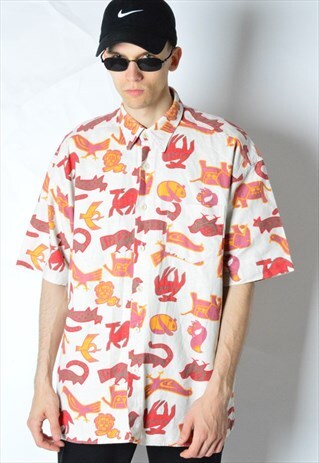 VINTAGE 90S LINEN ANIMAL PRINT SHORT SLEEVE SHIRT