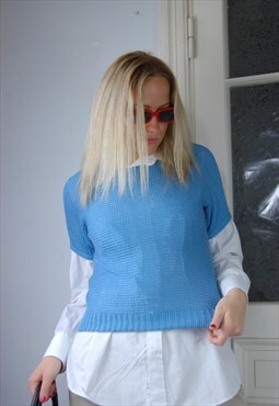 Vintage y2k crochet jumper t-shirt summe vest in pastel blue