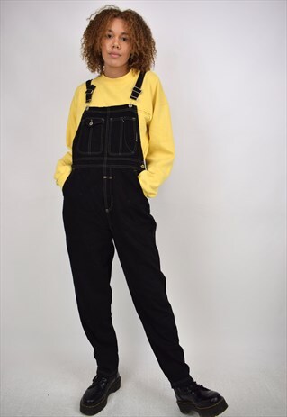 VINTAGE 90S BLACK CONTRAST STITCH TAPERED DUNGAREES