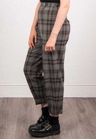 VINTAGE 90'S GREY TARTAN CHECKED HIGH WAIST TROUSERS