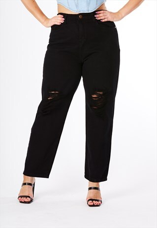 CURVE BLACK WASH HIGH WAIST DISTRESS MOM JEANS