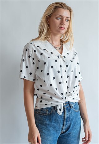 VINTAGE 80S FUNKY POLKA DOT BLOUSE WITH FUNKY COLLAR