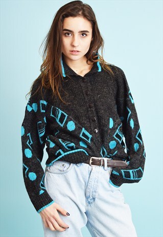 80'S RETRO OVERSIZED ABSTRACT PATTERN KNIT JUMPER