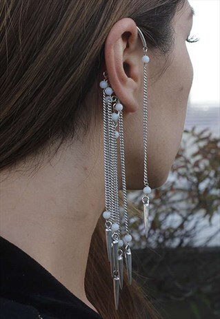 Silver Boho Earcuff with Beads and Spikes