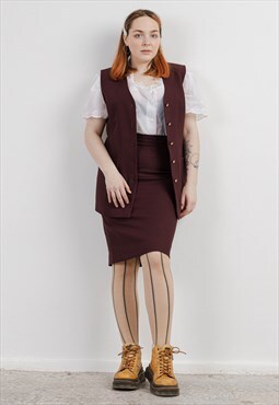 Vintage 80s Secretary Burgundy Two Piece Skirt Vest Suit L