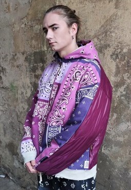 Paisley print floral stitched hoodie bandana pullover purple