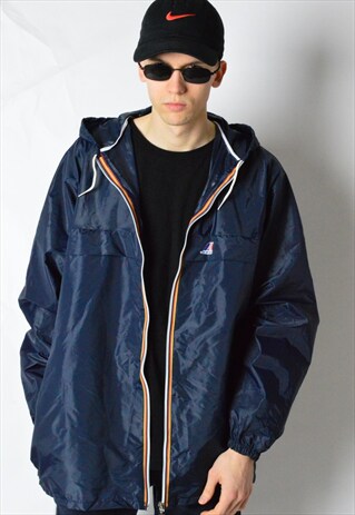 K-WAY VINTAGE 90S NAVY BLUE MINIMALIST RAIN COAT