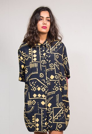 90'S VINTAGE BLACK ABSTRACT PATTERN OVERSIZE SHIRT BLOUSE