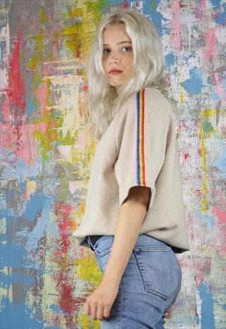 SHORT SLEEVE SWEAT TOP WITH RAINBOW TRIM