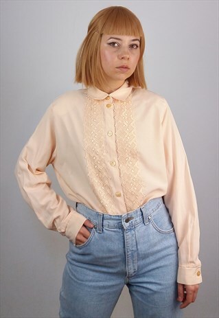 VINTAGE 80'S LACE DETAIL PUFFY BLOUSE IN APRICOT