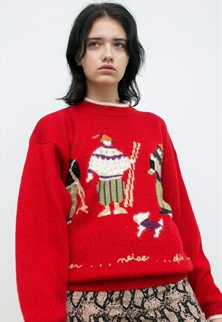 VINTAGE SWEATER CHRISTMAS SNOWMAN RED GREEN PULLOVER