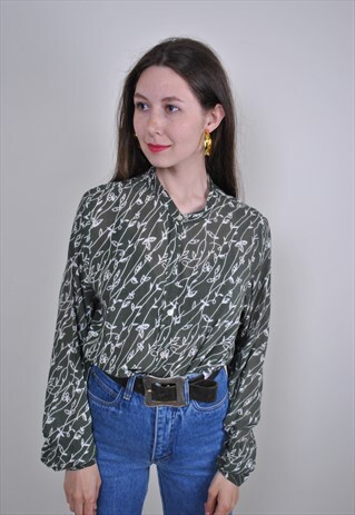 FLOWERS GREEN BLOUSE, VINTAGE LONG SLEEVE FLORAL SHIRT