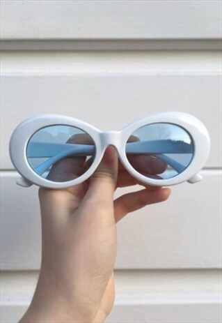 WOMENS VINTAGE STYLE WHITE BLUE OVAL SUNGLASSES KURT COBAIN