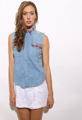 VINTAGE 1990'S 90'S FLANNEL PLAID TRIM DENIM CROP BLOUSE S-M