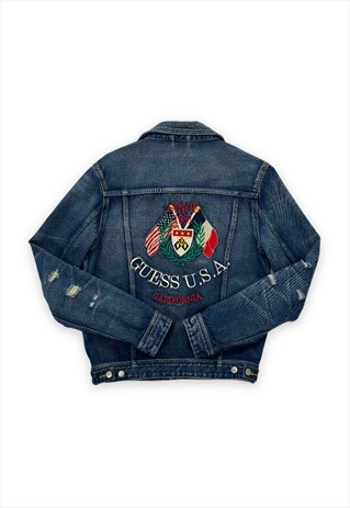 GUESS DENIM JACKET DISTRESSED LOOK BLUE SPELLOUT EMBROIDERED