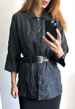 Navy Natural Linen Ladies Minimal Half Sleeve Shirt Jacket L
