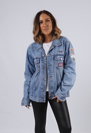 VINTAGE DENIM JACKET USA BADGES OVERSIZED FITTED UK 16 (J3F)