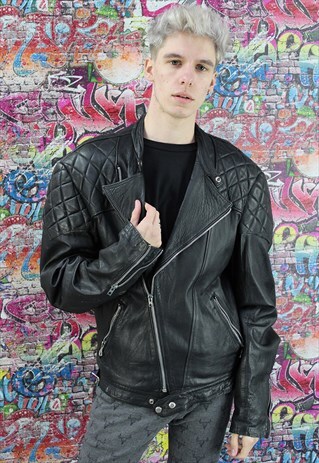 VINTAGE 80'S LEATHER BLACK UNISEX BIKER JACKET. GRUNGE