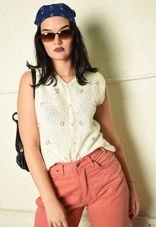 VINTAGE 90S PARIS CHIC KNIT FLORAL EMBROIDERED CREAMY TOP
